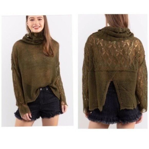 𝅺open Weave Turtleneck Sweater In Olive - Picture 2 of 13